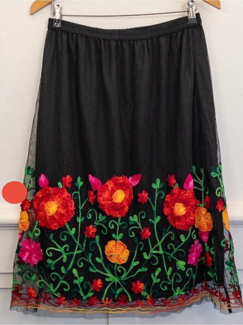 Magic Black Mesh Embroidered Floral Skirt – Size M Boho Festival Style